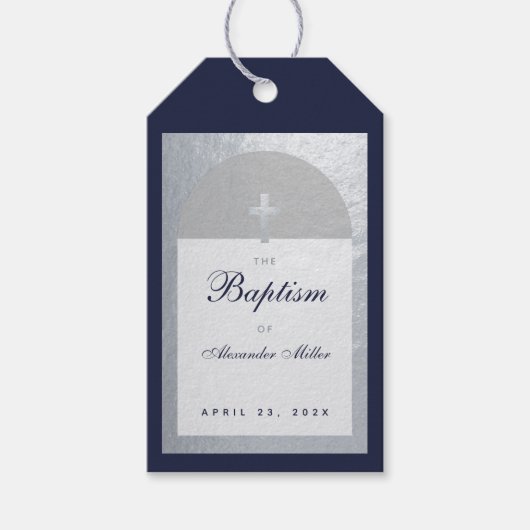 Jongen Baptism Navy Blue Script Faux Silver Arch Cadeaulabel (Voorkant)