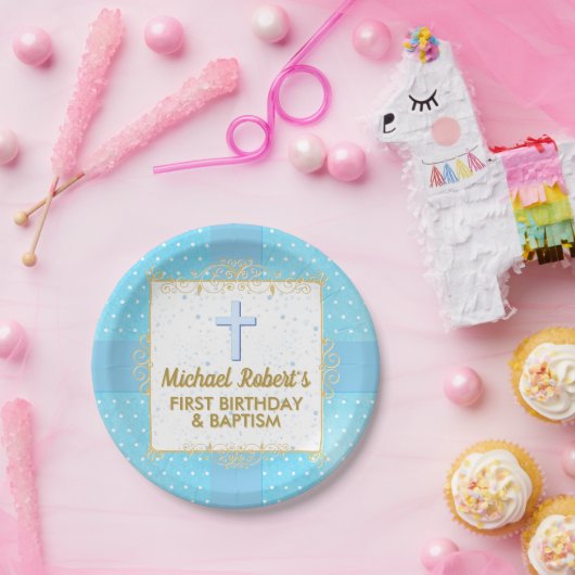 Jongen Baptisme 1e verjaardag Blauwe Goud Tekstpol Papieren Bordje (Feest)