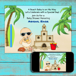 Jongen Beach Baby Sandcastle, SurfboardBaby shower Kaart
