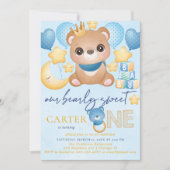 Jongen Beer Blue First Birthday Invitation Kaart (Voorkant)