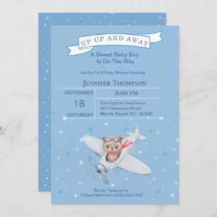 Jongen Beer Pilot Airplane Baby shower Invitation Kaart
