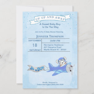 Jongen Beer Pilot Airplane Baby shower Invitation Kaart