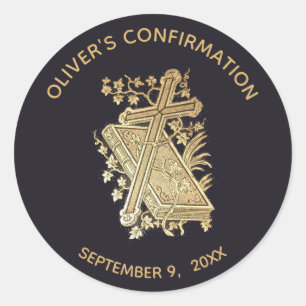 Jongen Bevestiging Gouden Kruis Bijbel op Zwart  Ronde Sticker