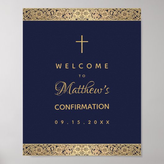 Jongen Bevestiging Navy Blue Gold Rozen Welkom Poster (Voorkant)
