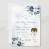 Jongen biddend eerste heilige communie marine blau kaart (Voorkant)