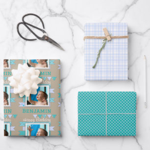 Jongen Birthday Aqua en Blue Scrapbook Inpakpapier Vel