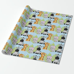 Jongen Blauw Baby shower Schattige Safari Oerwoud  Cadeaupapier