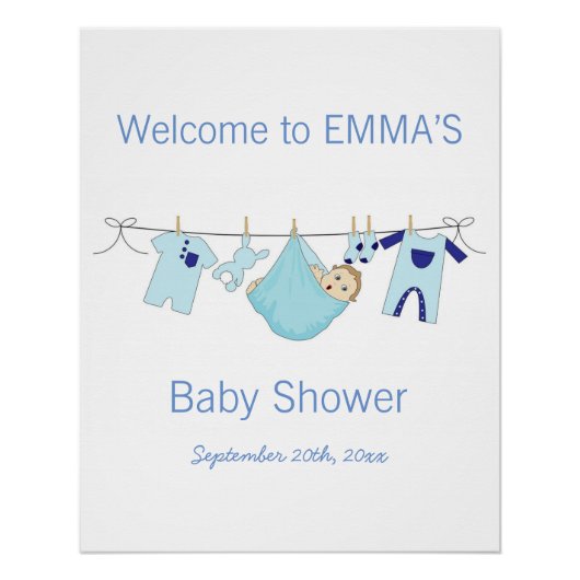Jongen Blauw illustratie Baby shower Party Welkom Perfect Poster (Voorkant)