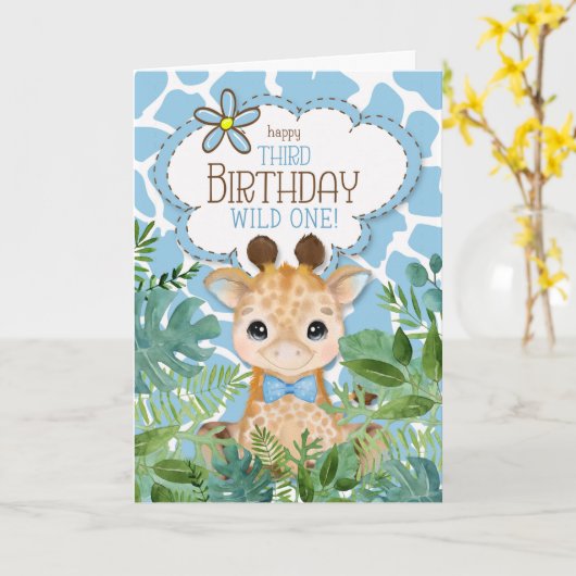 Jongen blauw Oerwoud Giraffe Theme 3rd Birthday Kaart (Gele Bloem)
