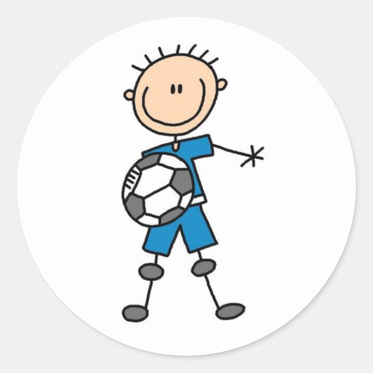 Jongen Blauw Uniform Voetbal Ronde Sticker (Voorkant)