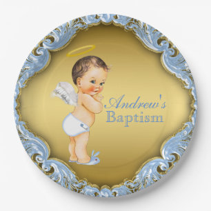 Jongen Blauwe Gouden Engel Doop Papieren Bordje