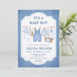 Jongen Blauwe Spijker Kledinglijn Baby Shower Kaart