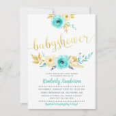 Jongen Blauwgroen Blue Gold Floral Baby shower Inv Kaart (Voorkant)