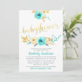 Jongen Blauwgroen Blue Gold Floral Baby shower Inv Kaart (Staand voorkant)