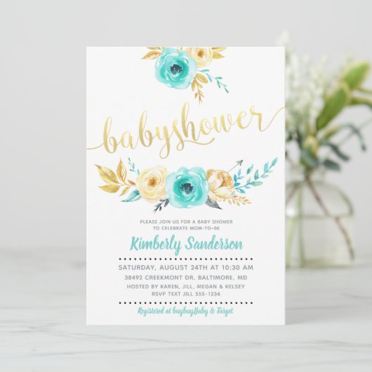 Jongen Blauwgroen Blue Gold Floral Baby shower Inv Kaart (Staand voorkant)