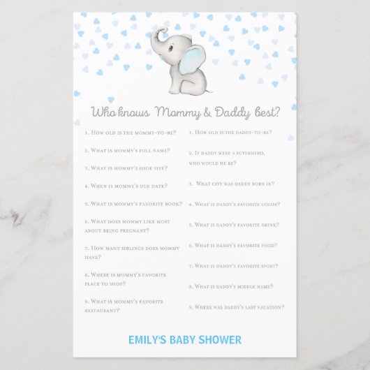 Jongen Blue Elephant Baby shower Game PRINED (Voorkant)