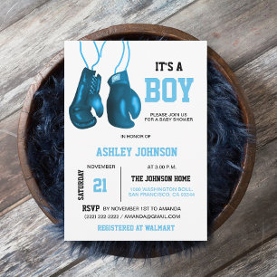 Jongen boks handschoenen blauwe baby shower uitnod kaart