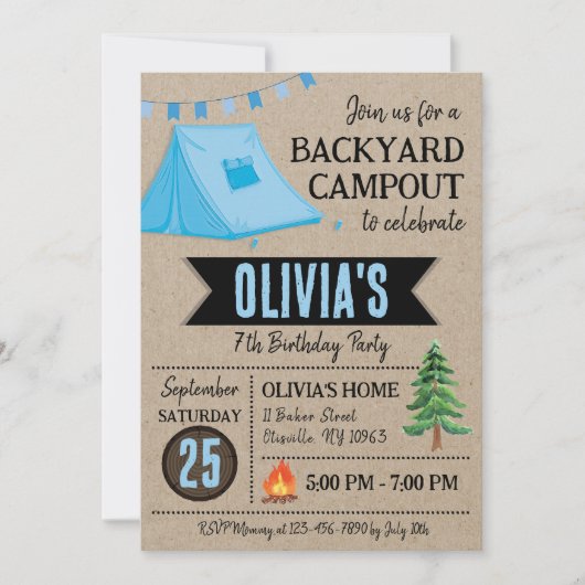 Jongen Campout Verjaardag Uitnodiging Achtertuin C (Voorkant)