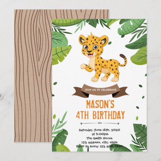 Jongen cheetah-doucheuitnodiging bedankkaart (Voorkant / Achterkant)