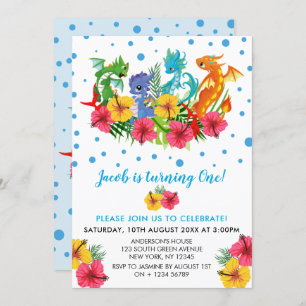 Jongen Colorful Dinosaur Tropical First Birthday Kaart