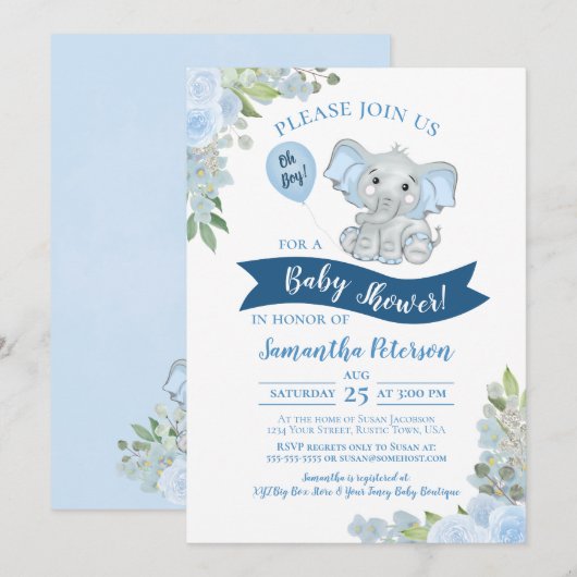 Jongen! Cute Elephant Blue Floral Baby shower Kaart (Voorkant / Achterkant)