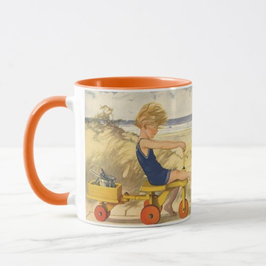  jongen die aan de strand met zandspeelgoed speelt mok (Links)