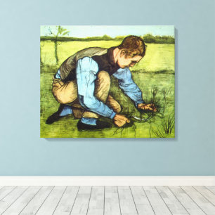 Jongen die gras knipt met sikkel door Vincent van Canvas Afdruk