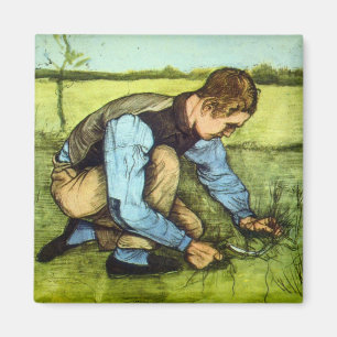 Jongen die gras knipt met sikkel door Vincent van Magneet