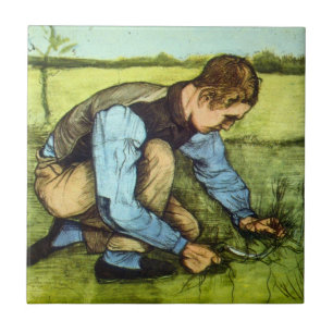 Jongen die gras knipt met sikkel door Vincent van Tegeltje