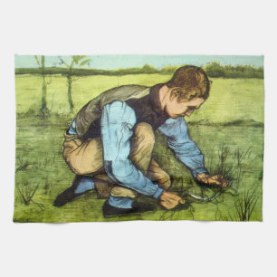 Jongen die gras knipt met sikkel door Vincent van Theedoek