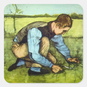 Jongen die gras knipt met sikkel door Vincent van Vierkante Sticker