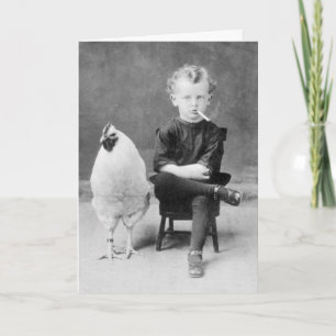  jongen die naast een kip roken kaart