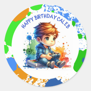Jongen die videogames speelt Gepersonaliseerde Ver Ronde Sticker