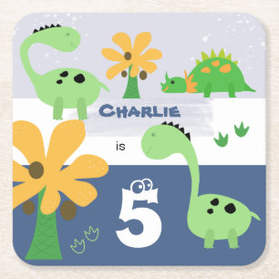 Jongen Dinosaurus Jurassic Verjaardagsfeest Vierkante Kartonnen Onderzetter