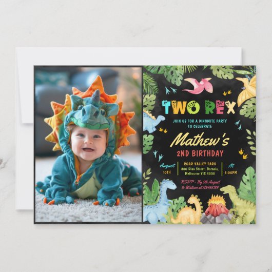 Jongen Dinosaurus Twee Rex 2e Verjaardagsfeestfoto Kaart (Voorkant)