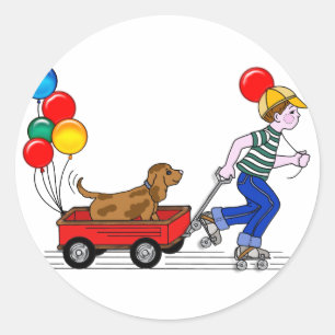 Jongen, Dog, Wagon en ballonnen kopiëren Ronde Sticker
