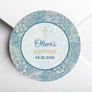 Jongen Doop Blauw Bloem Marigold William Morris Ronde Sticker