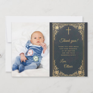 Jongen Doop Blauw Goud Foto Vintage Bedankkaart