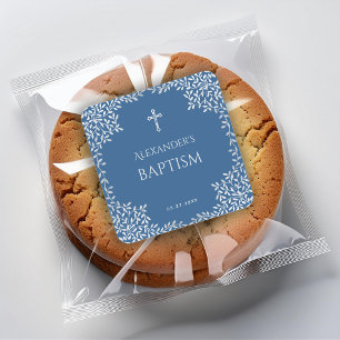 Jongen Doop Classic Blauw Nep Zilveren Bladeren Kr Vierkante Sticker