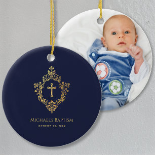 Jongen Doop Crest Navyblauw Elegant Nep Goud Folie Keramisch Ornament