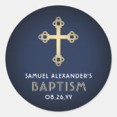 Jongen Doop Elegant Cross Navy Blauw Wit en Goud Ronde Sticker (Voorkant)