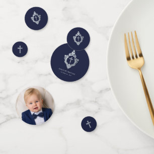 Jongen Doop Navy Blauwe Foto Vintage Wapen Kruis Confetti