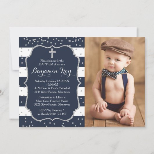 Jongen Doop Uitnodiging Fotokaart Marine Zilver (Voorkant)