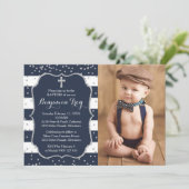 Jongen Doop Uitnodiging Fotokaart Marine Zilver (Staand voorkant)