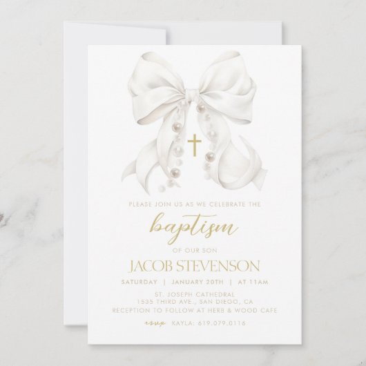 Jongen doop uitnodiging, witte boog eerste communi kaart (Voorkant)