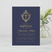 Jongen Dop Navy Blauw Faux Gold Crest Cross Script Kaart (Staand voorkant)
