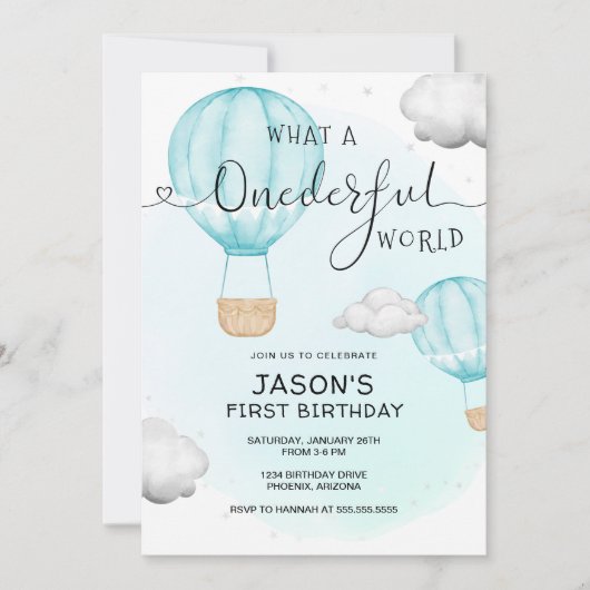 Jongen EenDerful Wereld Hete Luchtballon Eerste Ve Kaart (Voorkant)