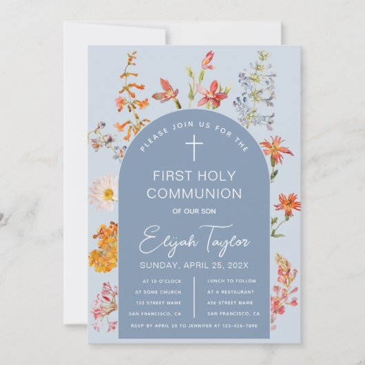 Jongen Eerste Communie Blauwe Boog Wildflowers Blo Kaart (Voorkant)