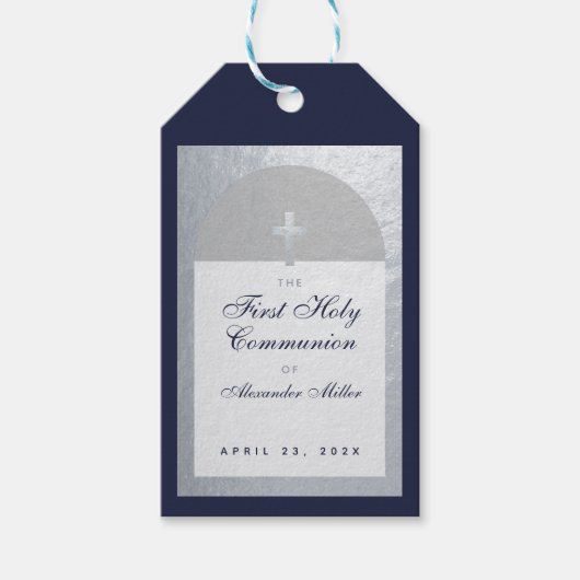 Jongen Eerste Communie Boog Navyblauw Nep Zilver  Cadeaulabel (Voorkant)