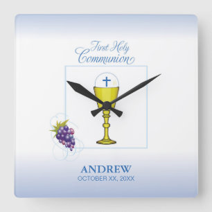 Jongen eerste communie, chalice met host en druive vierkante klok
